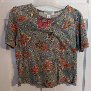 Petite Sophisticate Green/Orange Floral Shirt w/Goldtone Neck Ornamentation sz S